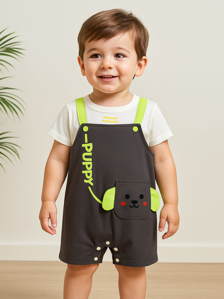 Kidbea Unisex Dungaree Set in Grey – Adorable Puppy Print Overalls with Soft White T-Shirt for Infants