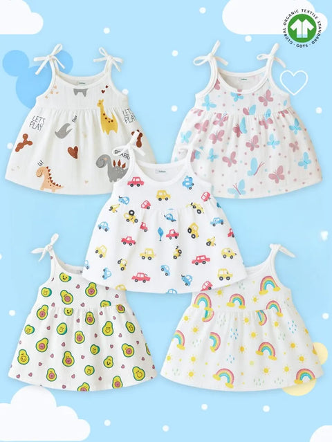 Extra Soft Muslin Baby Girls Frock Pack of 5 – Dinosaur, Butterfly, Car, Avocado & Rainbow Prints