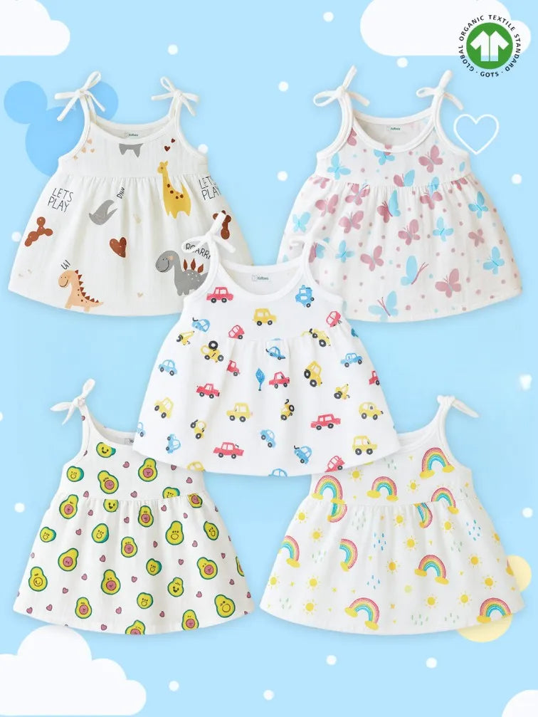 Extra Soft Muslin Baby Girls Frock Pack of 5 – Dinosaur, Butterfly, Car, Avocado & Rainbow Prints