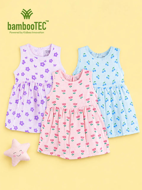BambooTEC™ Bamboo Muslin Baby Girls Frock Pack of 3 – Floral Butterfly, Pink Floral & Cherry Prints