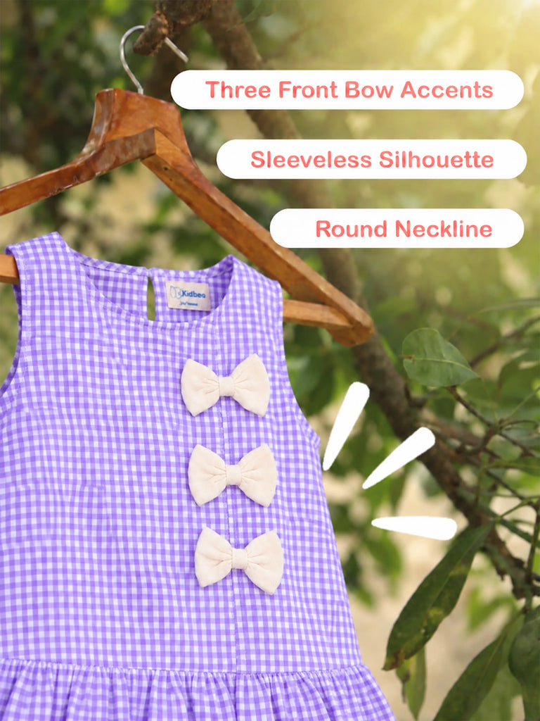 Girls Cotton Gingham Frock – Lavender Check Dress with White Bow Details