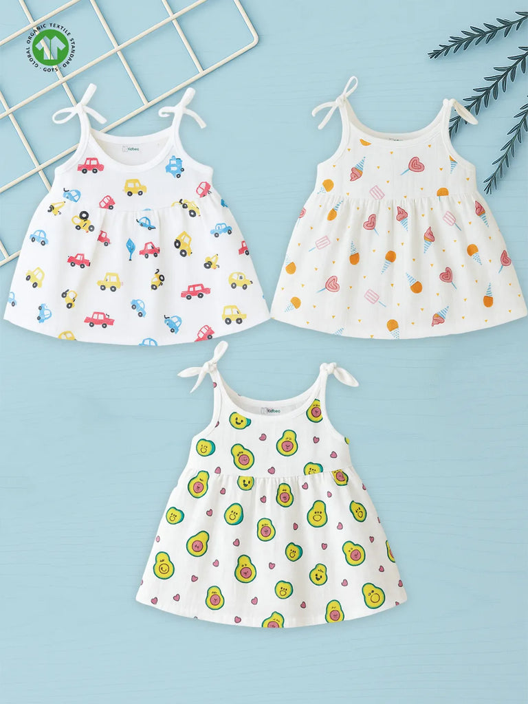 Extra Soft Muslin Baby Girls Frock Pack of 3 – Car, Ice Cream & Avocado Prints