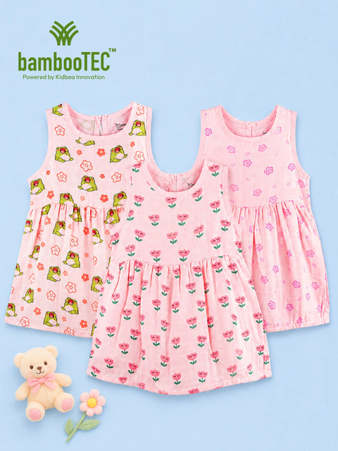 BambooTEC™ Bamboo Muslin Baby Girls Frock Pack of 3 – Frog & Floral, Tulip & Floral Prints