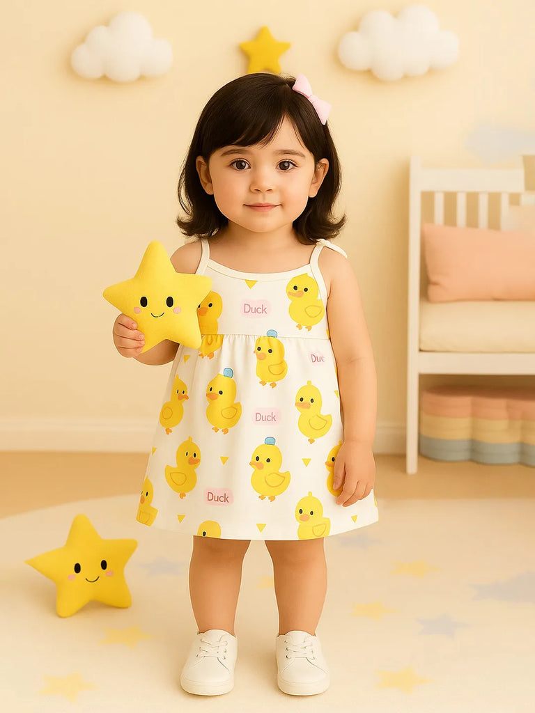 Extra Soft Muslin Baby Girls Frock – Cute Duck Print Sleeveless Dress