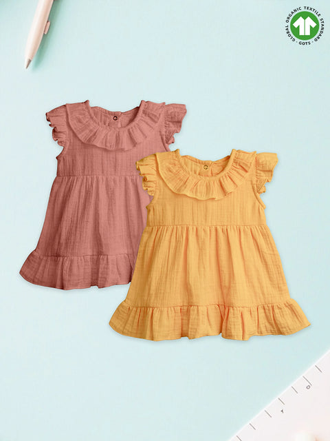 Light  Organic cotton  Girls Frock Set | Pack of 2 (Rust & Mustard Yellow)