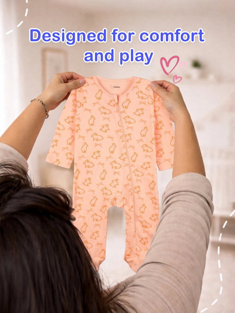 Organic Cotton Baby Romper Pack of 2 – Bunny & Beach Full Sleeve Zip Sleepsuit