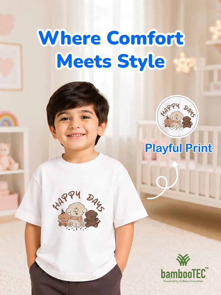 Unisex Bamboo Fabric White Happy Days Print Oversized T-Shirt
