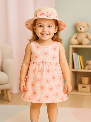 Kidbea Baby Girls Floral Cotton Dress with Pink Petal Motif & Matching Hat – Elegant Festive Outfit for Toddlers