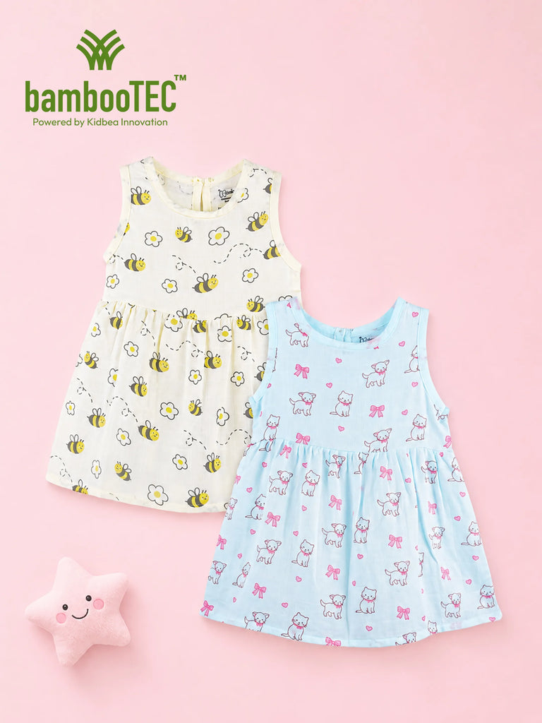 BambooTEC™ Bamboo Muslin Girls Frock – Bee & Puppy Print | Pack of 2