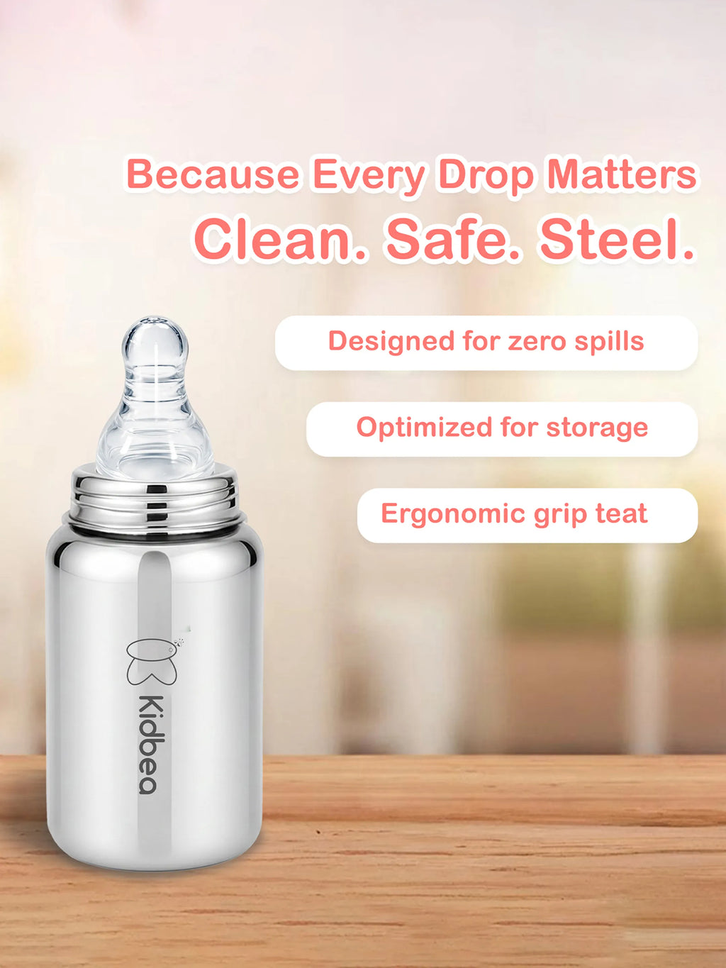 Stainless Steel Feeding Bottle 150ml with 4 Extra Nipples
