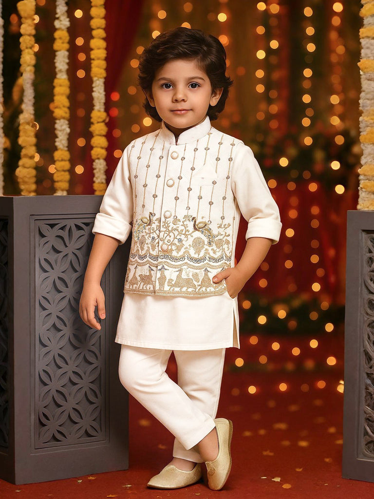 Kidbea Boys Ethnic Kurta Pajama Set with Embroidered Nehru Jacket | Festive & Wedding Wear Outfit | White