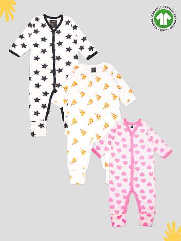 Kidbea 100% Organic cotton Pack of 3 full Buttons romper | Star | Pizza | Heart