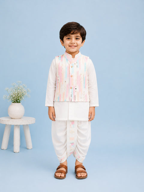 Boys White Kurta & Dhoti Set – Pastel Printed Jacket Festive Wear