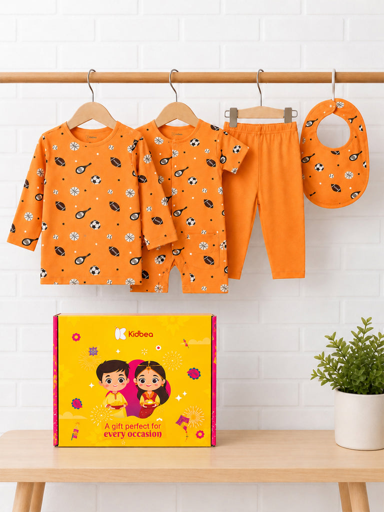 Organic Cotton Baby Gift Set – Football Print T-Shirt, Pyjama, Half Romper & Bib for 0–18 Months (4 Piece Set)