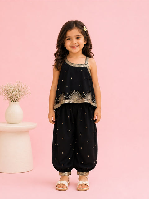 Girls Black Ethnic Crop Top & Dhoti Pants Set – Gold Embroidered Festive Wear