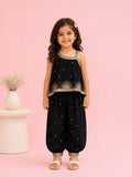 Girls Black Ethnic Crop Top & Dhoti Pants Set – Gold Embroidered Festive Wear