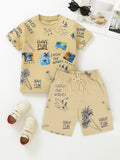 Kidbea Boys Beach Theme Co-Ord Set | Summer Cotton T-Shirt and Shorts for Boys | Beige
