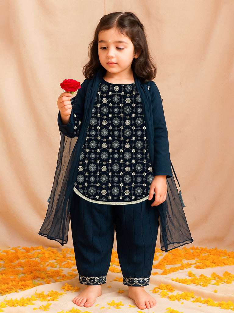 Kidbea Girls Indian Salwar Kameez Set | Embroidered Kurti, Dhoti Pants & Dupatta | Navy Blue