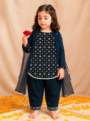 Kidbea Girls Indian Salwar Kameez Set | Embroidered Kurti, Dhoti Pants & Dupatta | Navy Blue