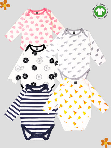 Kidbea 100% Organic cotton baby Pack of 5 onesies Unisex | Strips - Blue, Heart, Donut, Pizza & Elephant