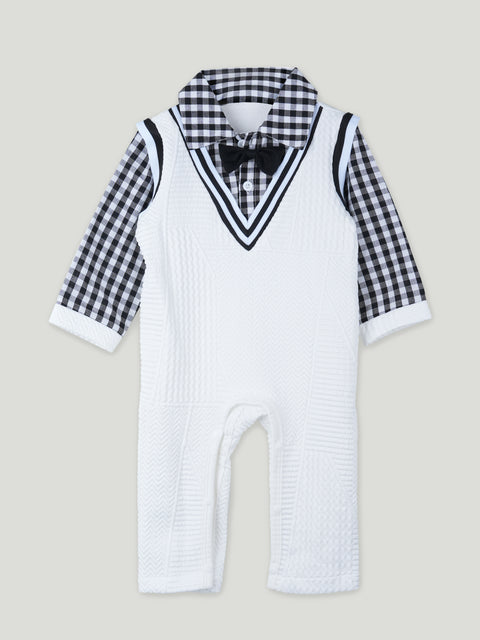 Baby Boy Formal Romper with Bow Tie – Soft Cotton Check Shirt Style Party Outfit for Infants