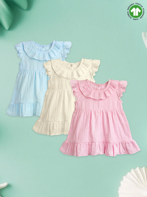 Light Organic Cotton  Girls Frock Set | Pack of 3 (Sky Blue, Off-White & Charming Pink)