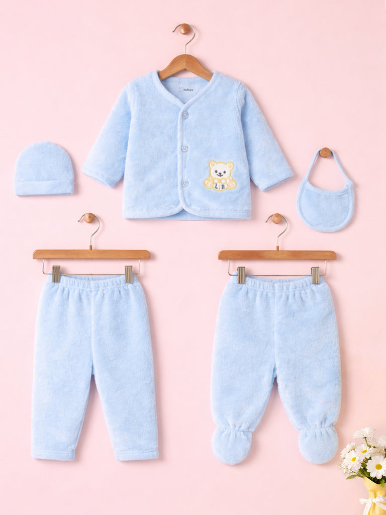Unisex Baby Winter Wear – Pack of 5 Cozy Set with Cardigan, Pants, Footed Pants, Cap & Bib