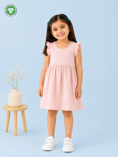 Organic Cotton Girls Flutter Sleeve A-Line Dress - Blush Pink
