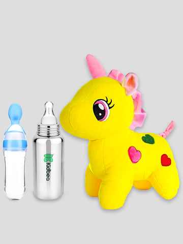Kidbea Unicorn Yellow Soft Toy, Stainless Steel Infant Baby Feeding Bottle & Silicone Fruit Nibbler Soft Pacifier/Feeder, Teether for Baby