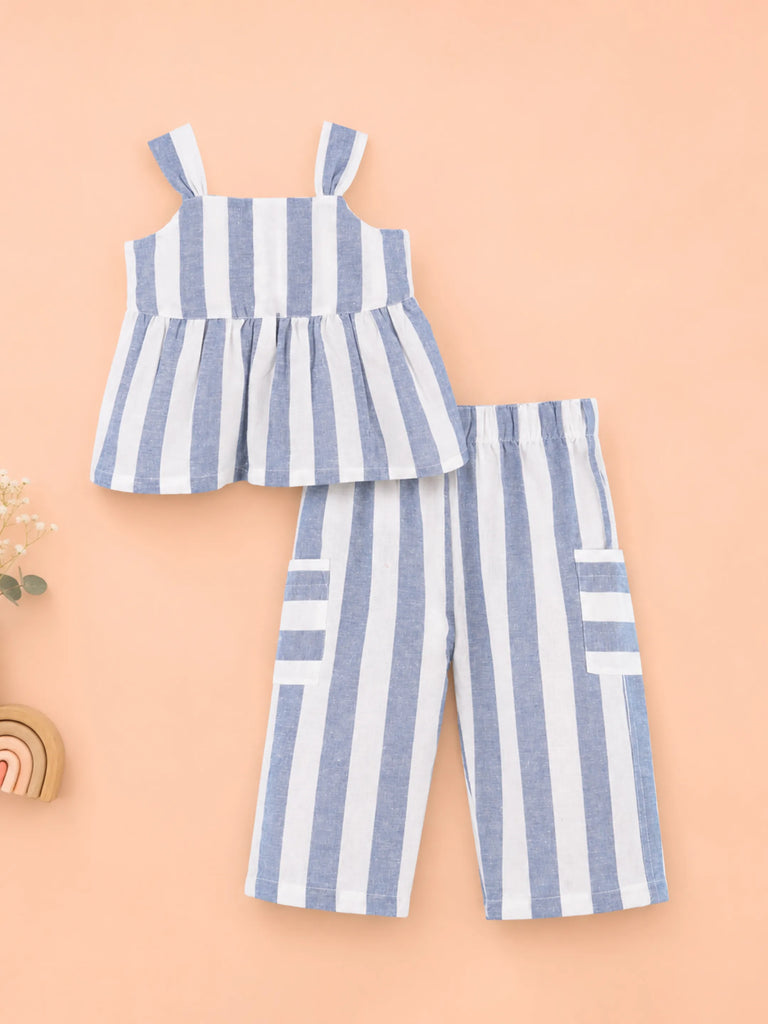 Girls Cotton Striped Peplum Top & Wide Leg Pants Co-ord Set - Blue & White