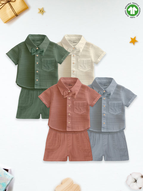 Light Linen Co-Ord Set Pack of 4 | Stylish & Comfortable Wear for Kids (Green, Rust & Off-White, Grey)