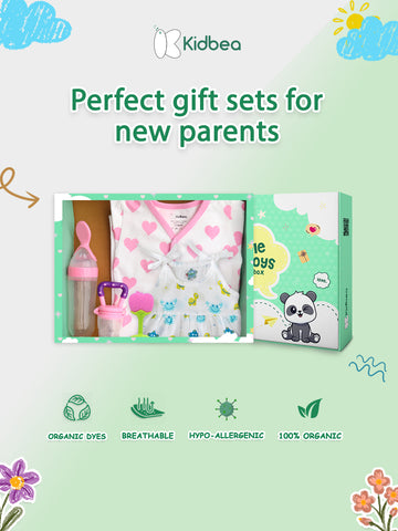 Kidbea® Premium Baby Girl Gift Set – Pack of 5 Essentials | Heart Romper, Muslin Frock, Teether, Spoon & Fruit Feeder | Organic Newborn Gift Box