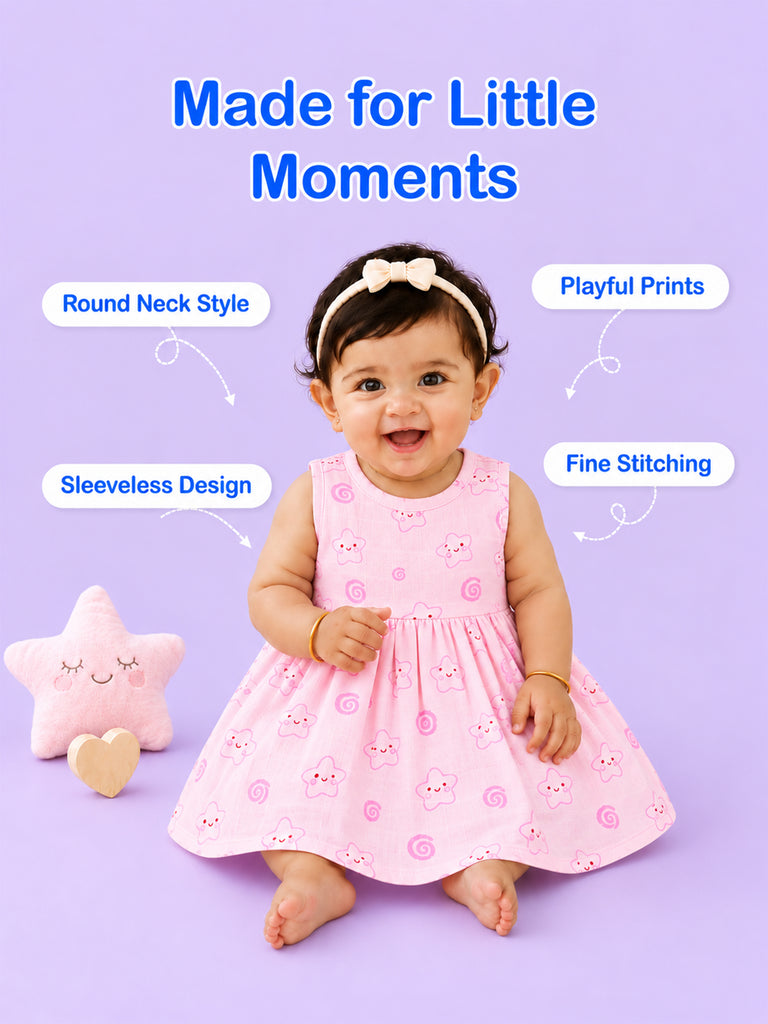 BambooTEC™ Bamboo Muslin Baby Girls Frock – Pink Floral & Smiley Print