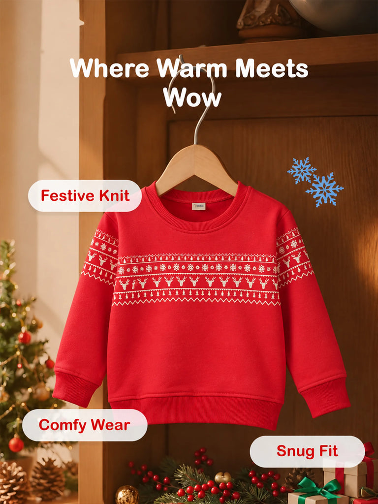 Unisex Cotton Sweatshirt – Red Full-Sleeve Christmas Fair Isle Printed Pullover