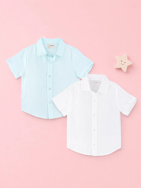 Linen Cotton Boys Shirt Pack of 2 – Light Blue & White Half-Sleeve Shirts