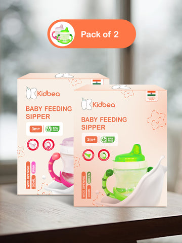 Kidbea Baby Sipper Cup – Green & Pink (Pack of 2) | BPA-Free, Soft Spout, Leak-Proof, Dual Handles, 200ML