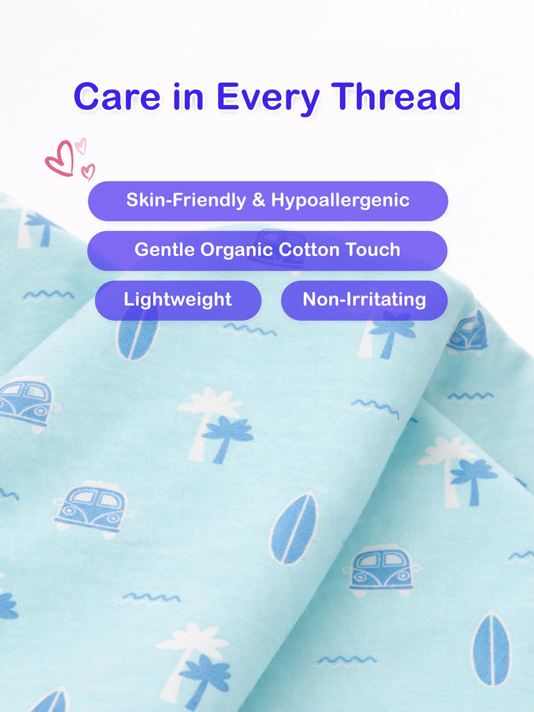 Organic Cotton Unisex Baby Co-ord Set – Soft Breathable Sky Blue Beach Print Full Sleeve T-shirt & Pyjama for Infants