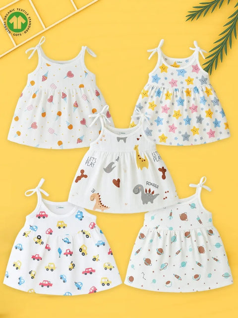 Extra Soft Muslin Baby Girls Frock Pack of 5 – Ice Cream, Star, Dinosaur, Car & Space Prints