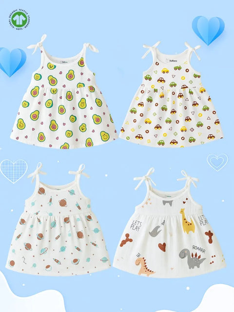 Extra Soft Muslin Baby Girls Frock Pack of 4 – Avocado, Car, Space & Dinosaur Prints