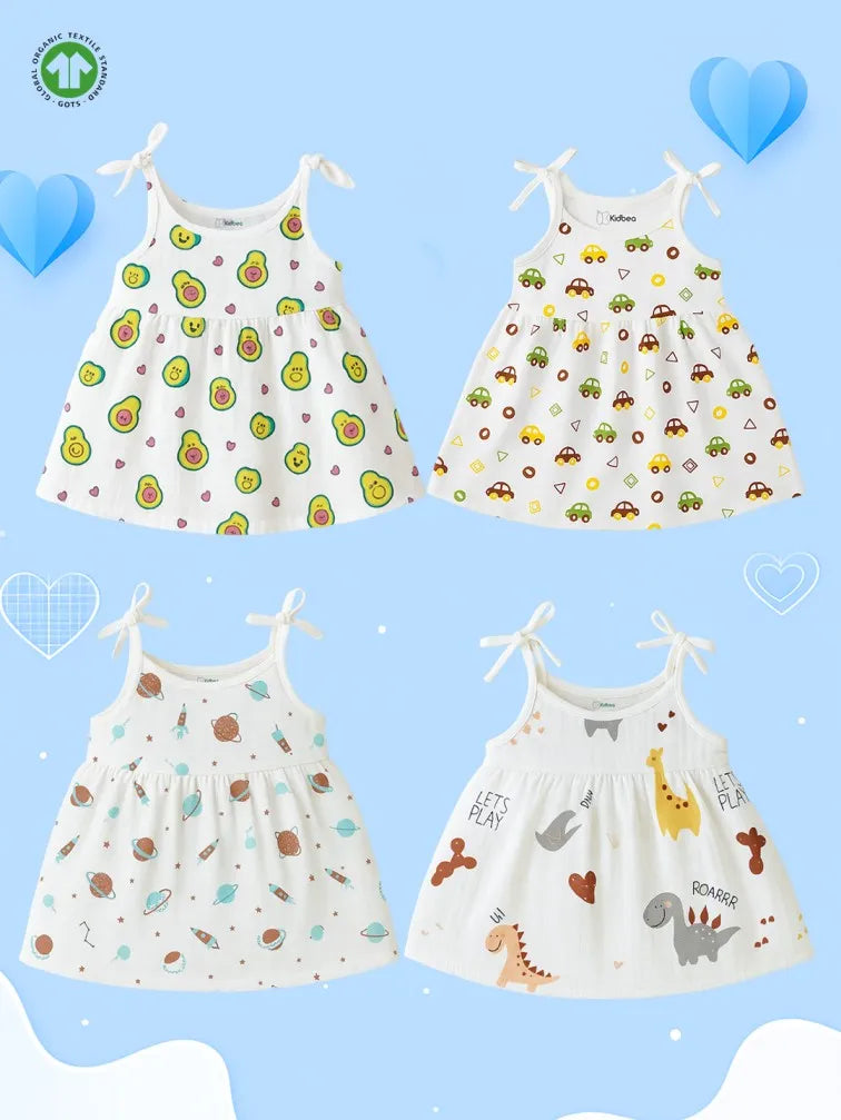 Extra Soft Muslin Baby Girls Frock Pack of 4 – Avocado, Car, Space & Dinosaur Prints