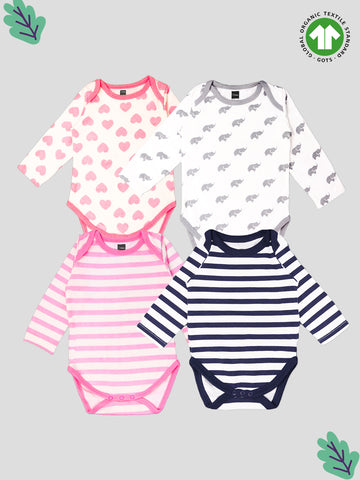 Kidbea 100% Organic cotton baby Pack of 4 onesies Unisex | Elephant, Heart Strips - Pink & Strips - Blue