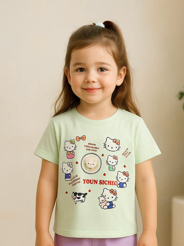 Kidbea Girls Cotton T-Shirt | Cute Hello Kitty Cartoon Print | Soft & Breathable | Casual Summer Wear for Toddlers & Kids Green