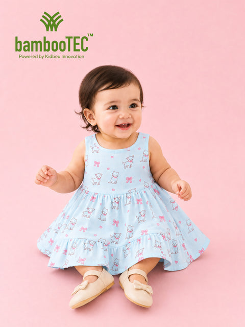 BambooTEC™ Bamboo Muslin Baby Frock – Puppy & Bow Print, Soft & Breathable Dress