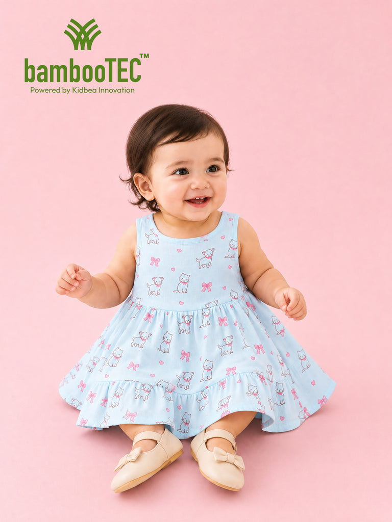 BambooTEC™ Bamboo Muslin Baby Frock – Puppy & Bow Print, Soft & Breathable Dress