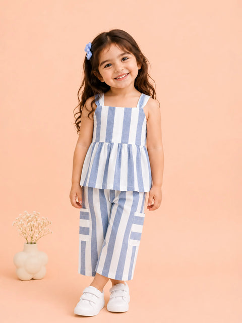 Girls Cotton Striped Peplum Top & Wide Leg Pants Co-ord Set - Blue & White