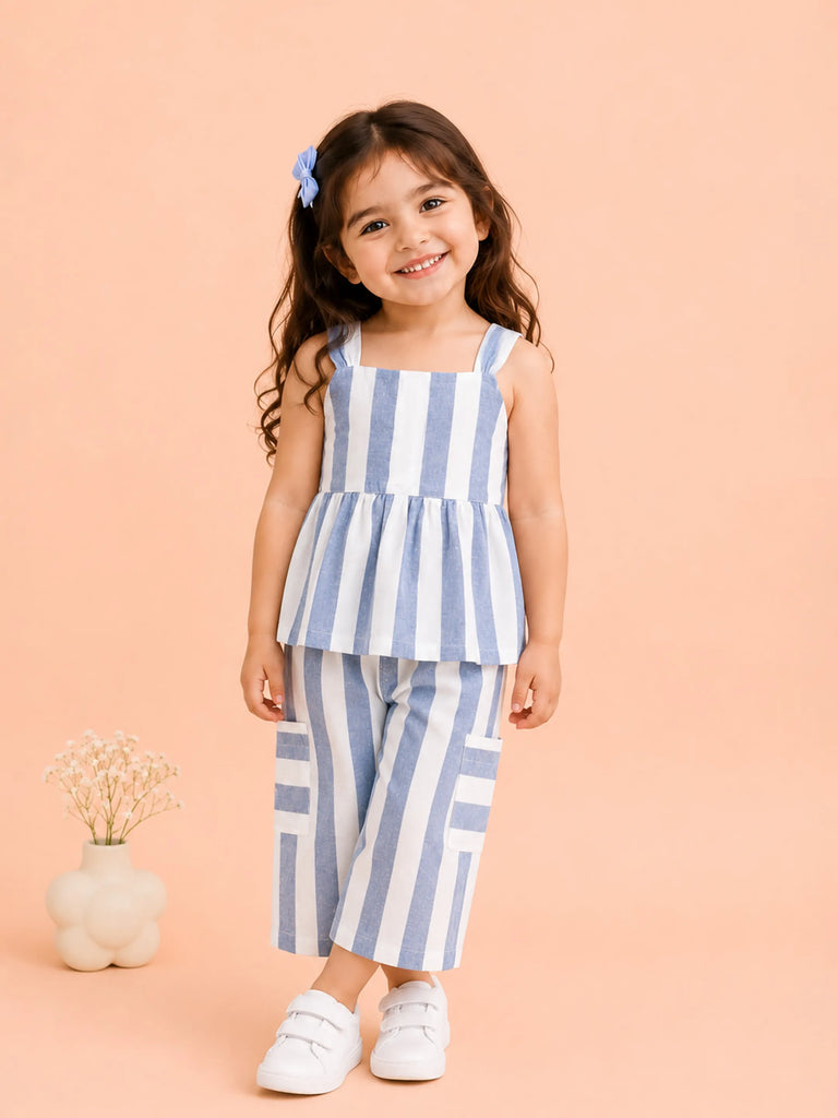 Girls Cotton Striped Peplum Top & Wide Leg Pants Co-ord Set - Blue & White