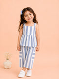 Girls Cotton Striped Peplum Top & Wide Leg Pants Co-ord Set - Blue & White