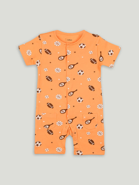 Baby Unisex Orange Football Print Romper with half Sleeves