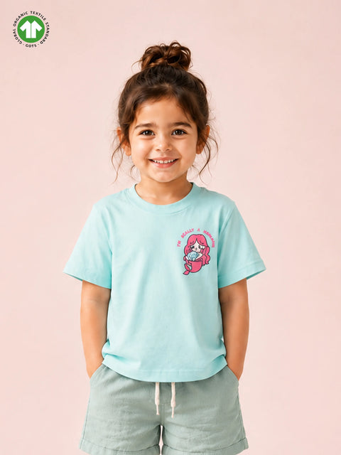 Girls Light Organic Cotton Aqua Blue Mermaid Print T-Shirt