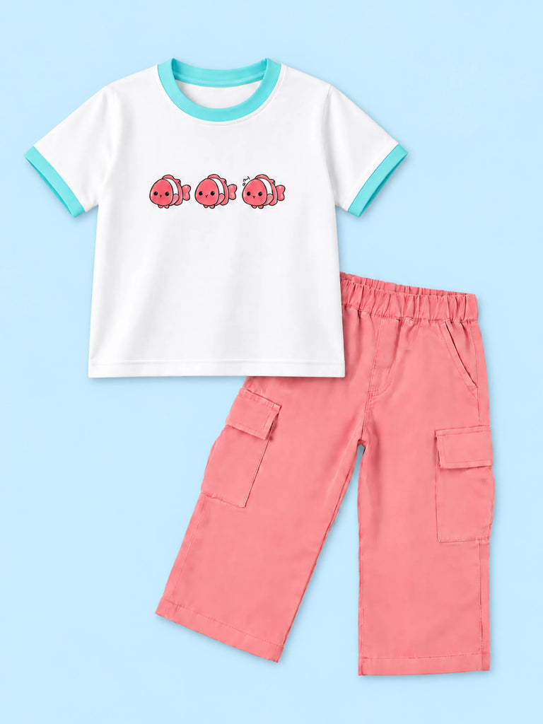 Girls Cotton Co-Ord Set – White Fish Print T-Shirt & Pink Cargo Pants